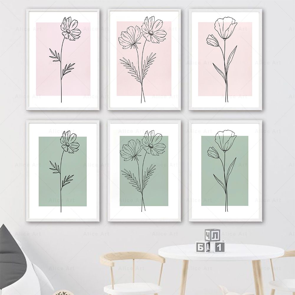 Resin Art With Flowers - Botaniczne rysunki liniowe kwiaty różowe zielone